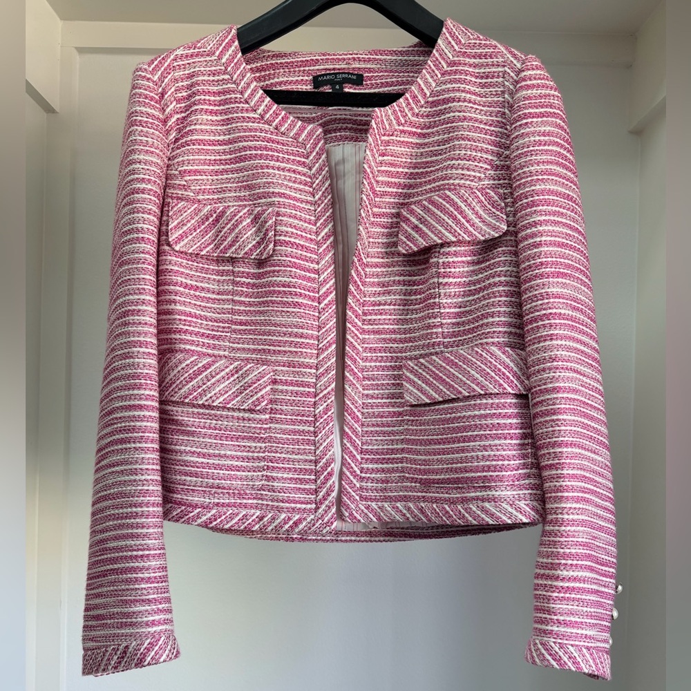 Mario Serrani Pink White Striped Tweed Jacket with Pearl Buttons size 4